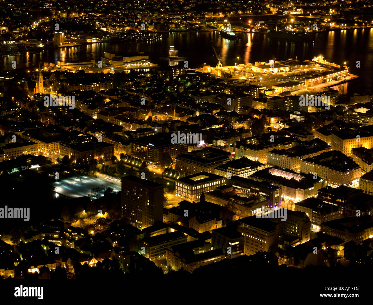 Bergen, Norway, at night as viewed from Mount Fløyen. Stock Photo