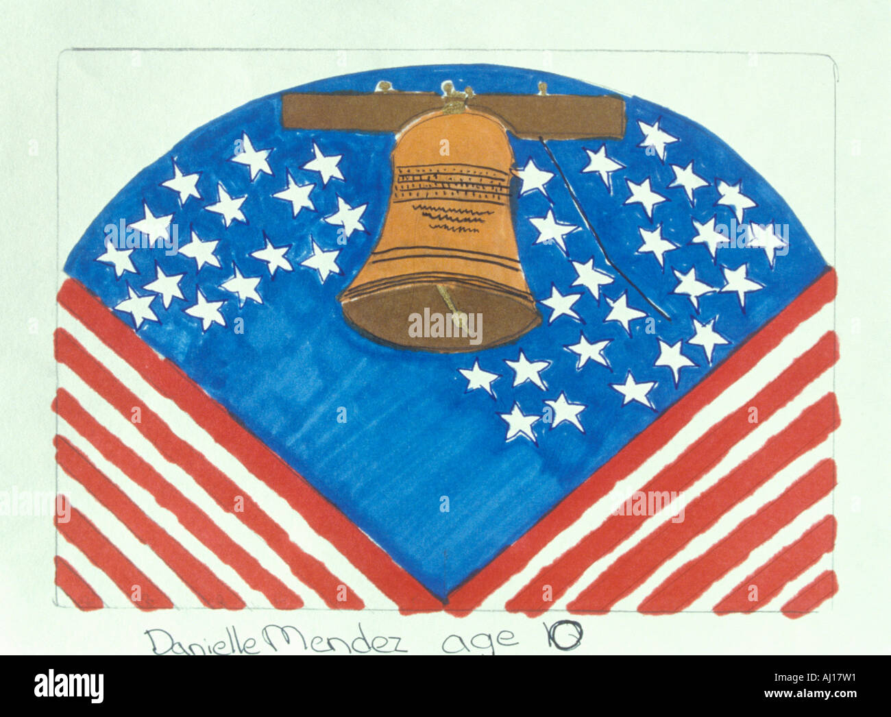A child s drawing of the Liberty Bell and the America flag Stock Photo