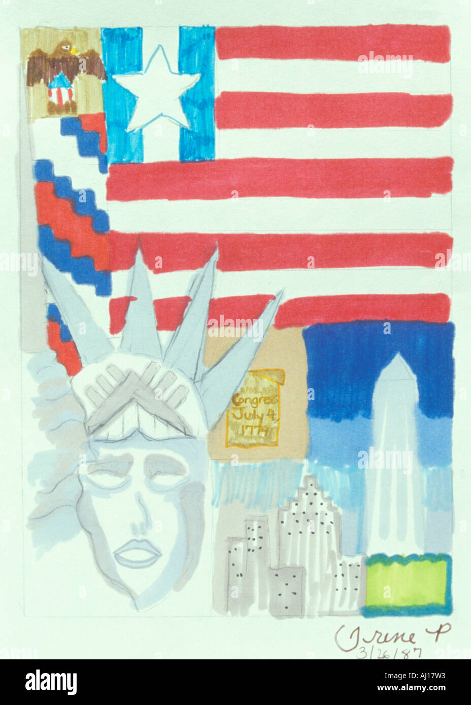A child s drawing of American symbols of freedom Stock Photo