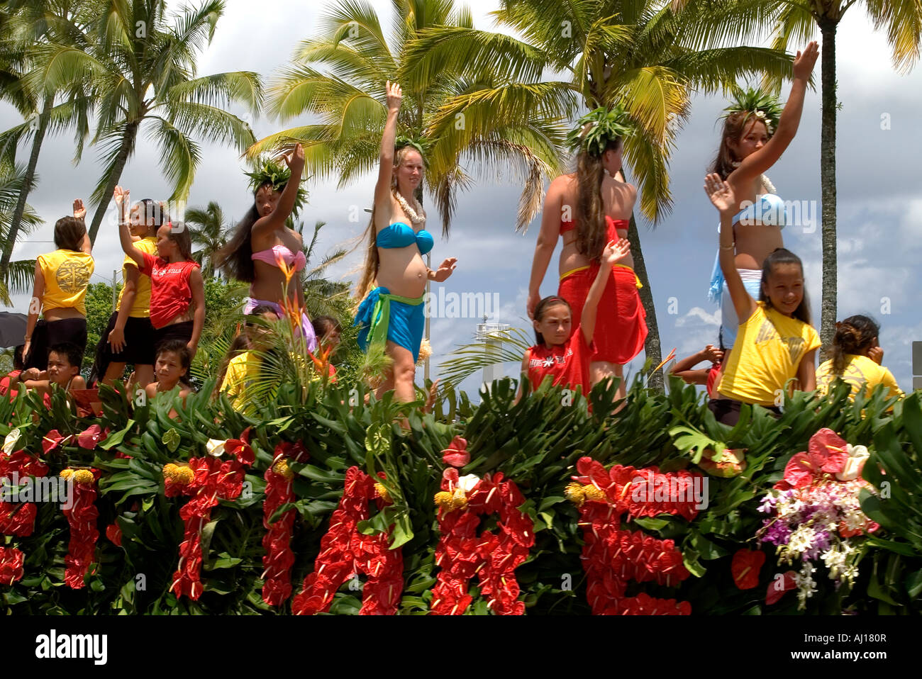 USA, Hawaii, Hilo Big, Island, 43rd Merrie Monarch Hula Festival, float of hula dancers Stock Photo