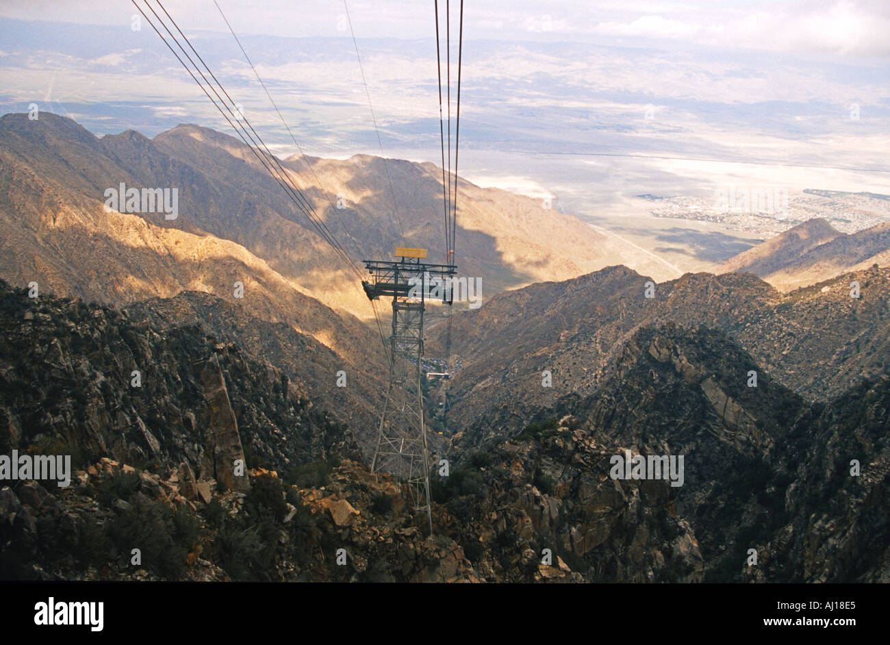 CALIFORNIA Palm Springs Aerial tramway support tower Mt San Jacinto State Park look over desert valley Stock Photo