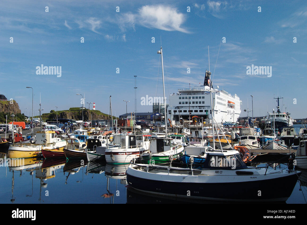 the harbour of the capital of Thorshavn with the ferry of the Smyril ...