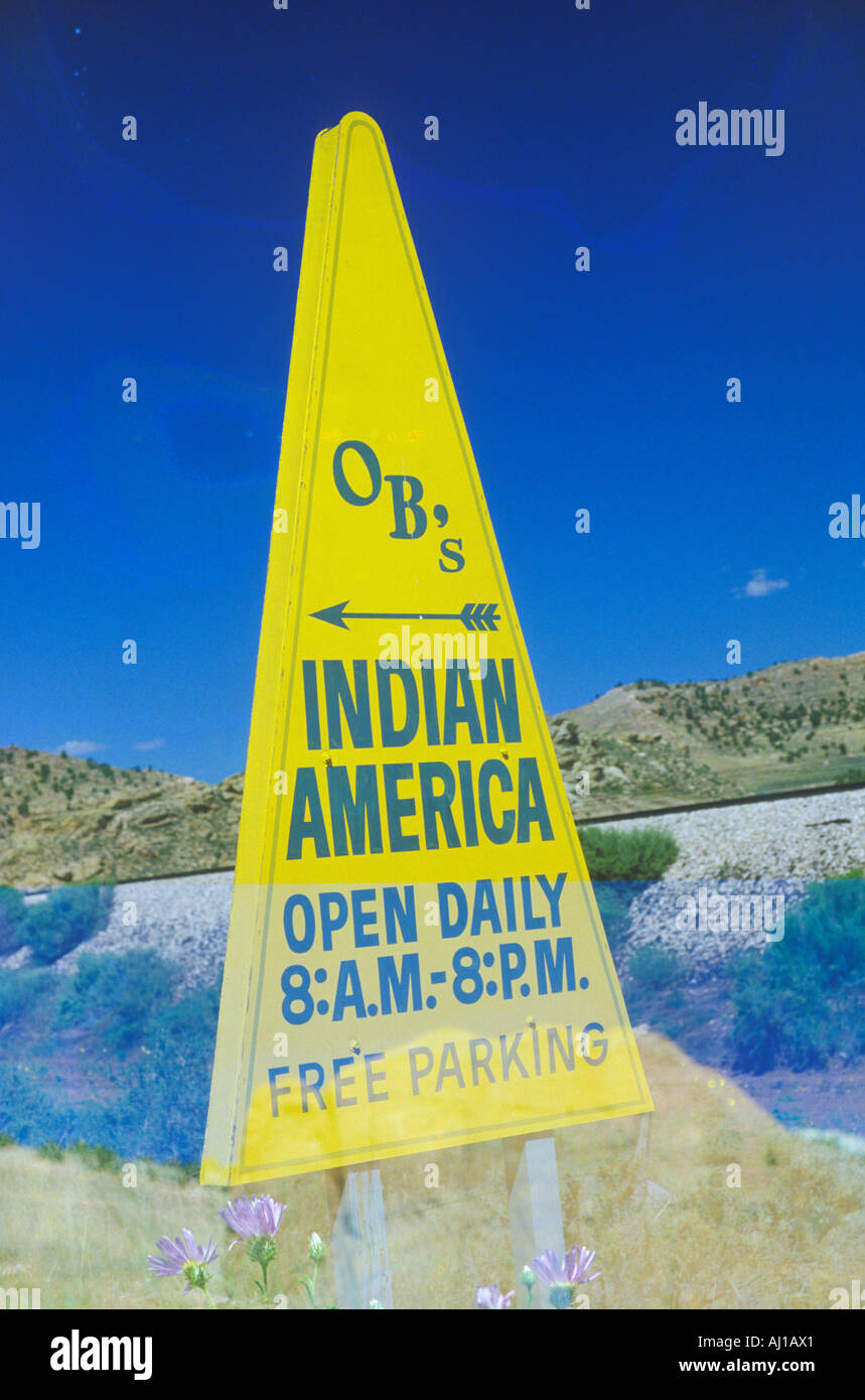 Triangular yellow Indian advertisement in southwestern United States Stock Photo