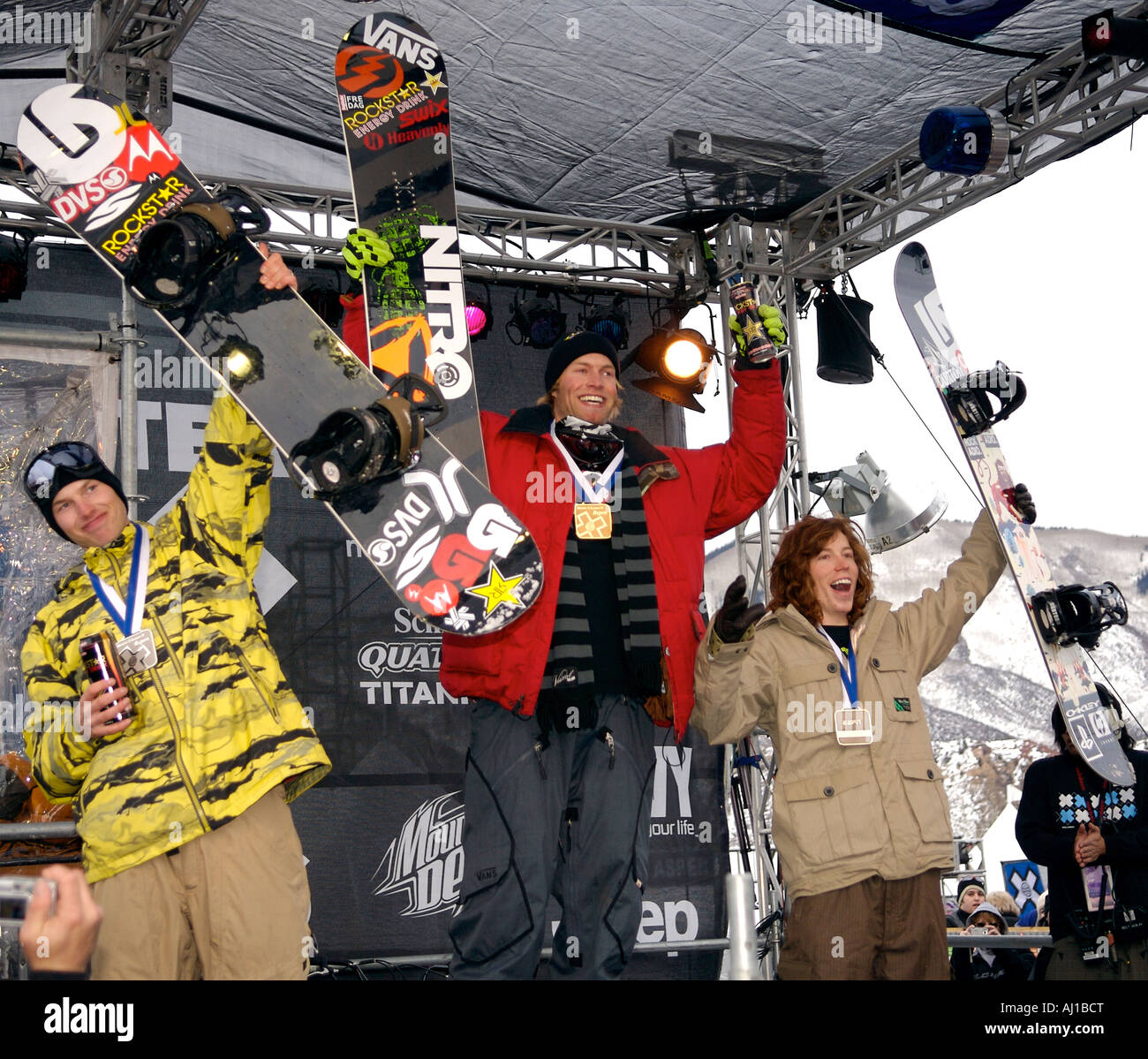 Andreas Wiig, Jussi Oksanen, and Shaun White at the Snowboard Slopestyle at the 2007 ESPN Winter X Games in Aspen, CO, USA Stock Photo