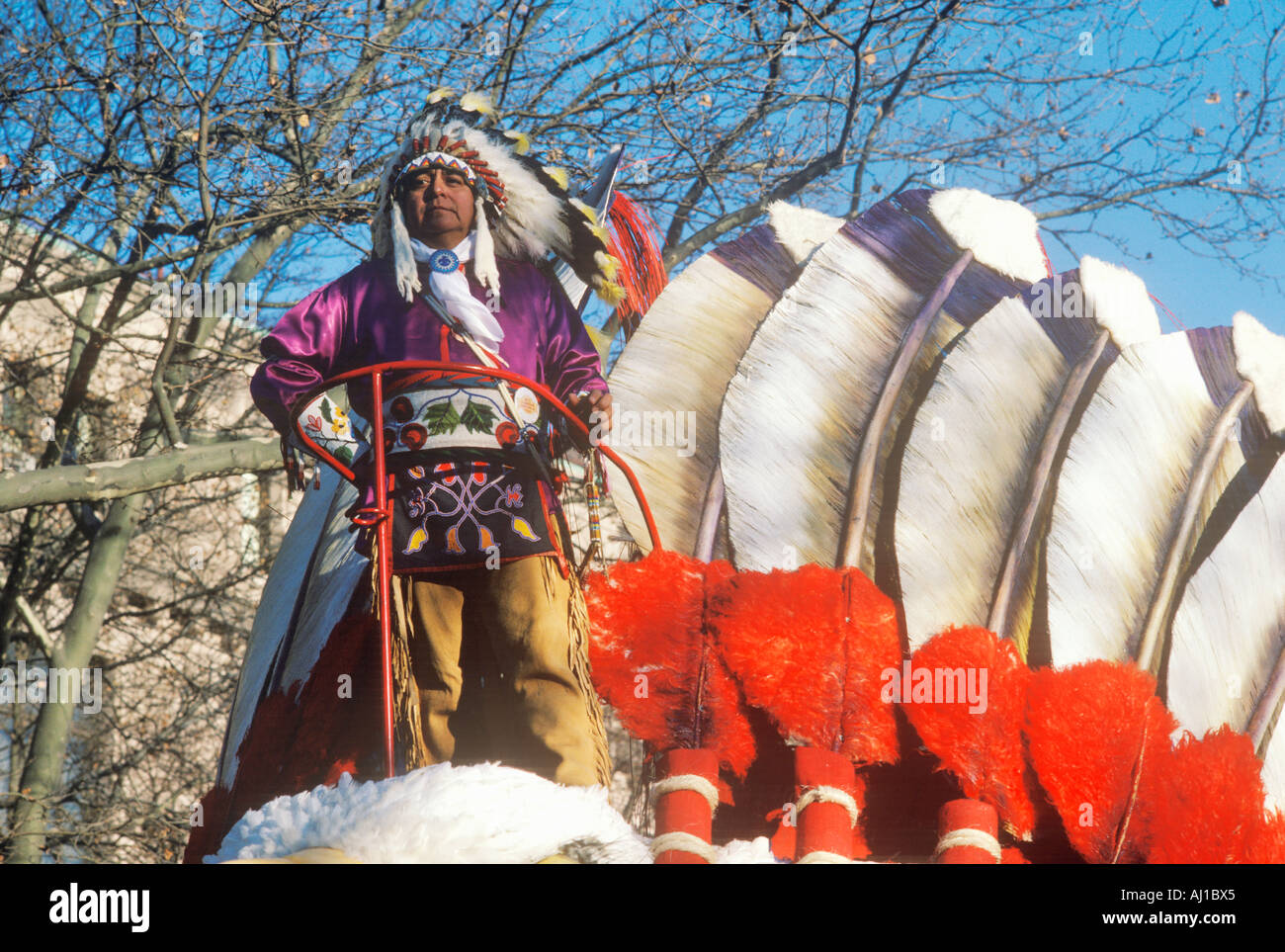 Native American on a float in Macy s 50th annual Thanksgiving Parade in
