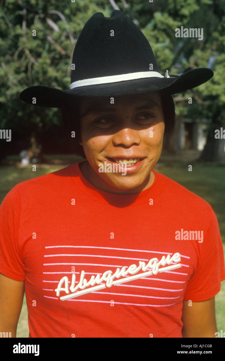Native American Apache youth wearing cowboy hat Bowie AZ Stock Photo