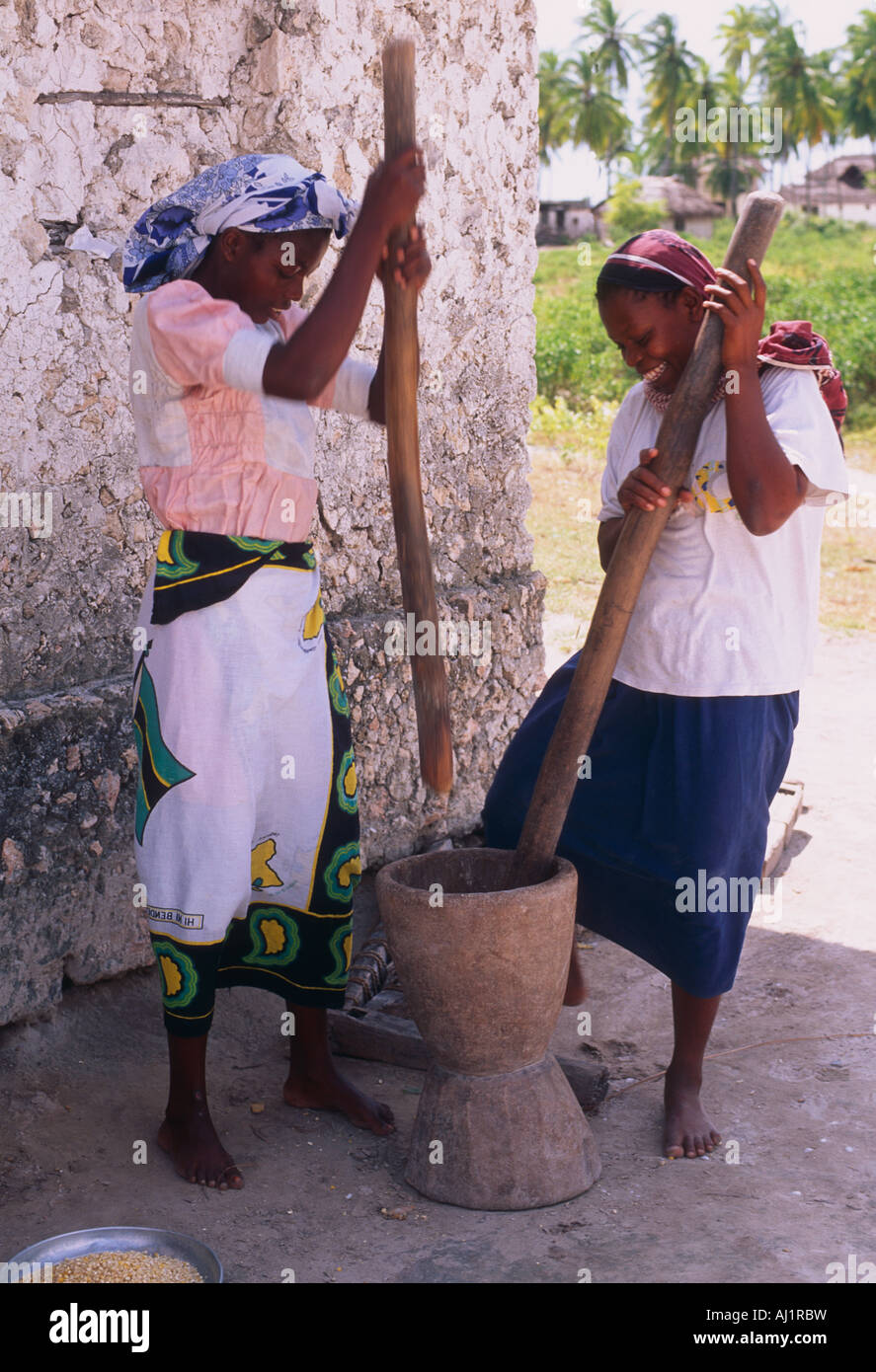 African Wood Sculpture-Two Women pounding Cassava under Tree