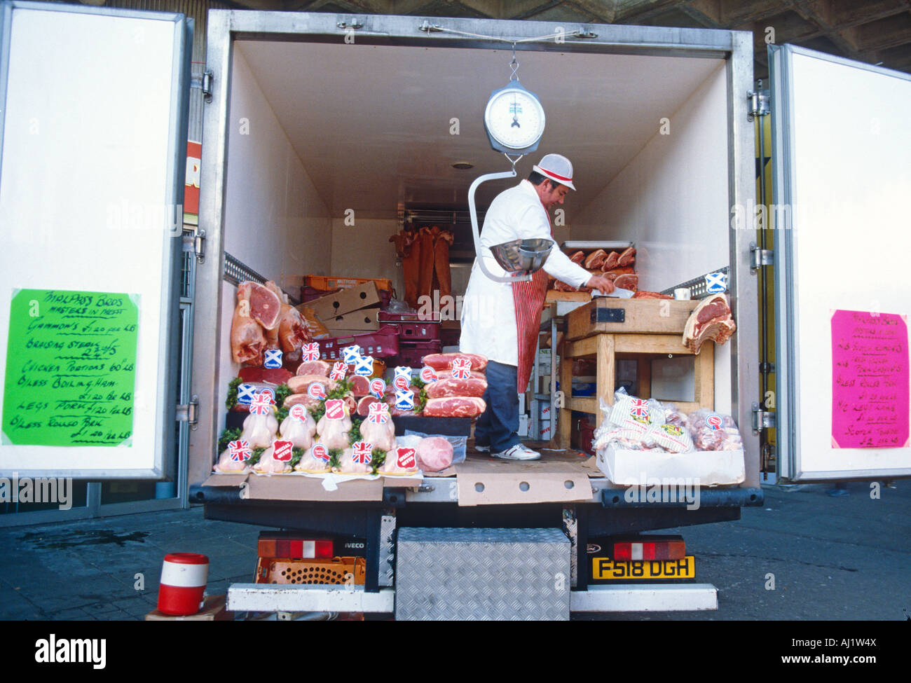 street market butcher selling from van 