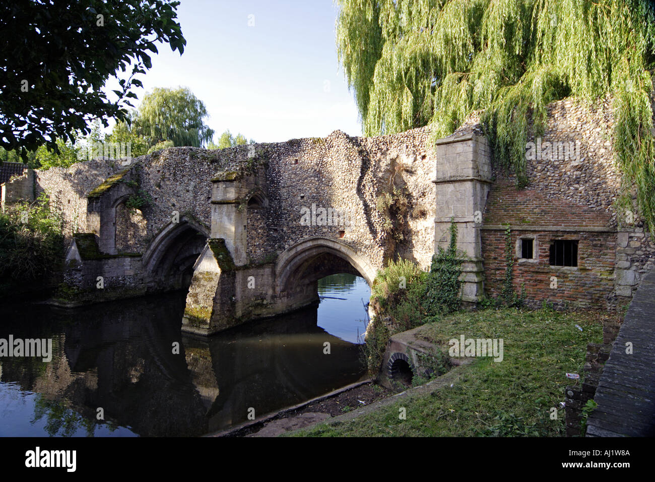 The ancient Abbots bridge over the River Lark Bury Saint Edmunds