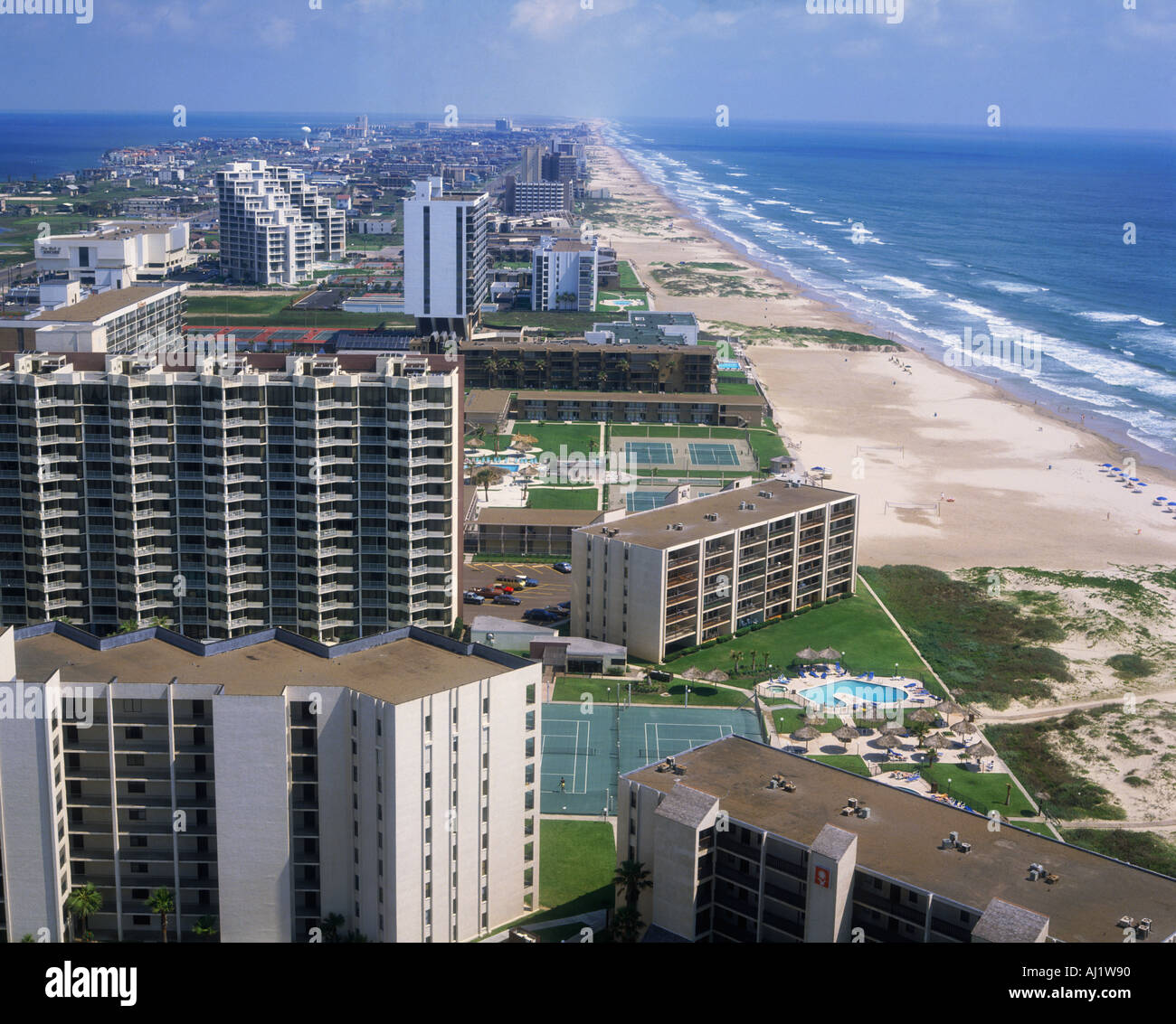 Aerial view of South Padre Island beach frontage with large hotels  apartments and long seafront Texas U S A Stock Photo - Alamy