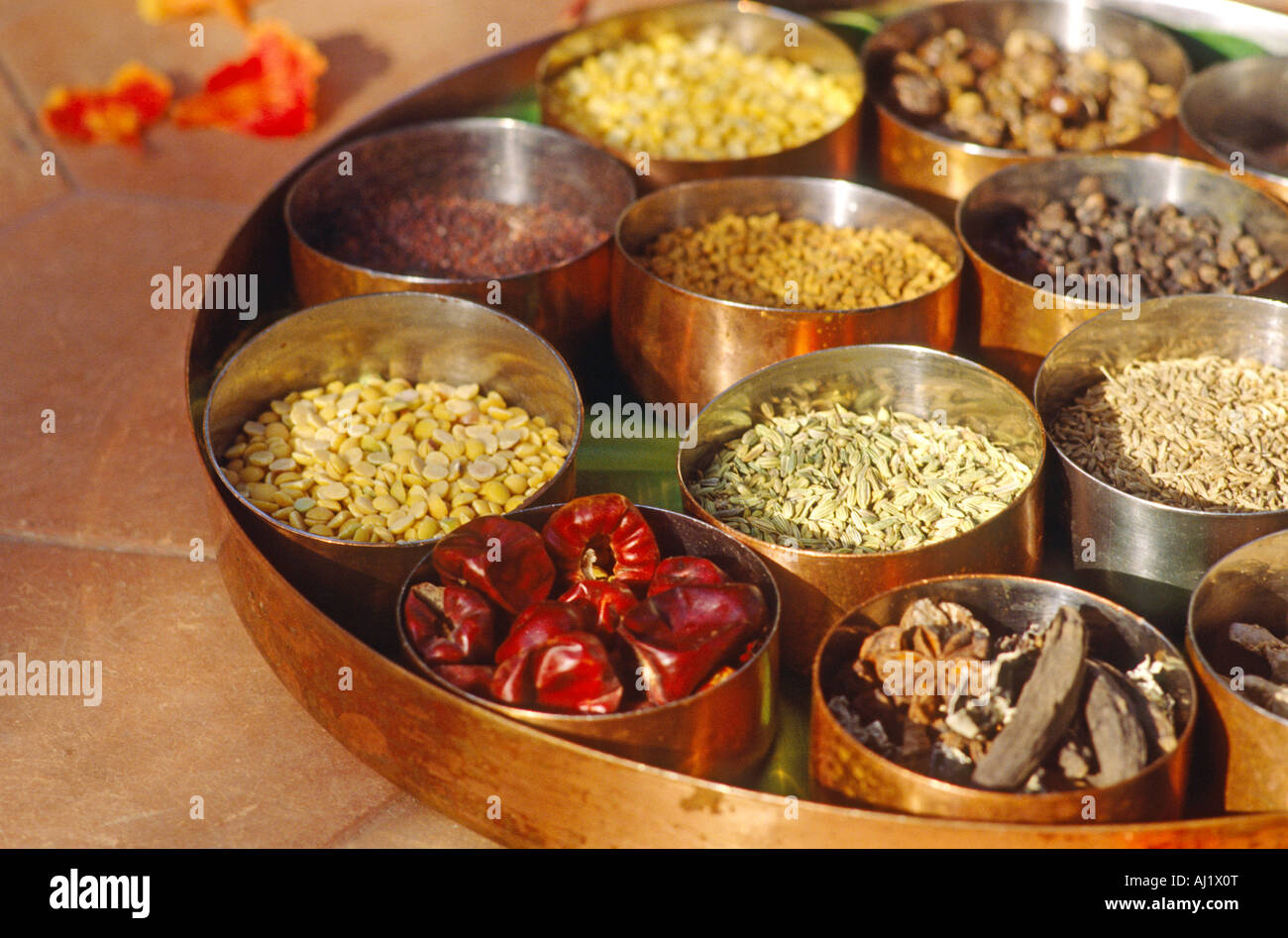 coloured indian spices in brass bowls Stock Photo Alamy