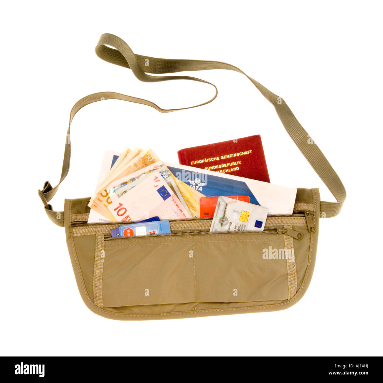 travel requisites bag box belly bag bum bag fanny pack passport tickets money cash wallet outdoor Stock Photo