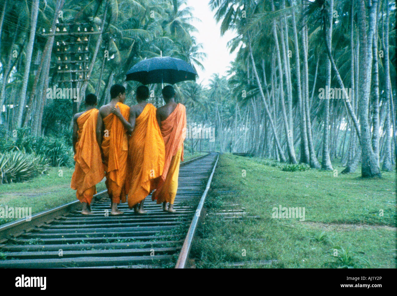 Buddhist monks walking along rail track Stock Photo - Alamy