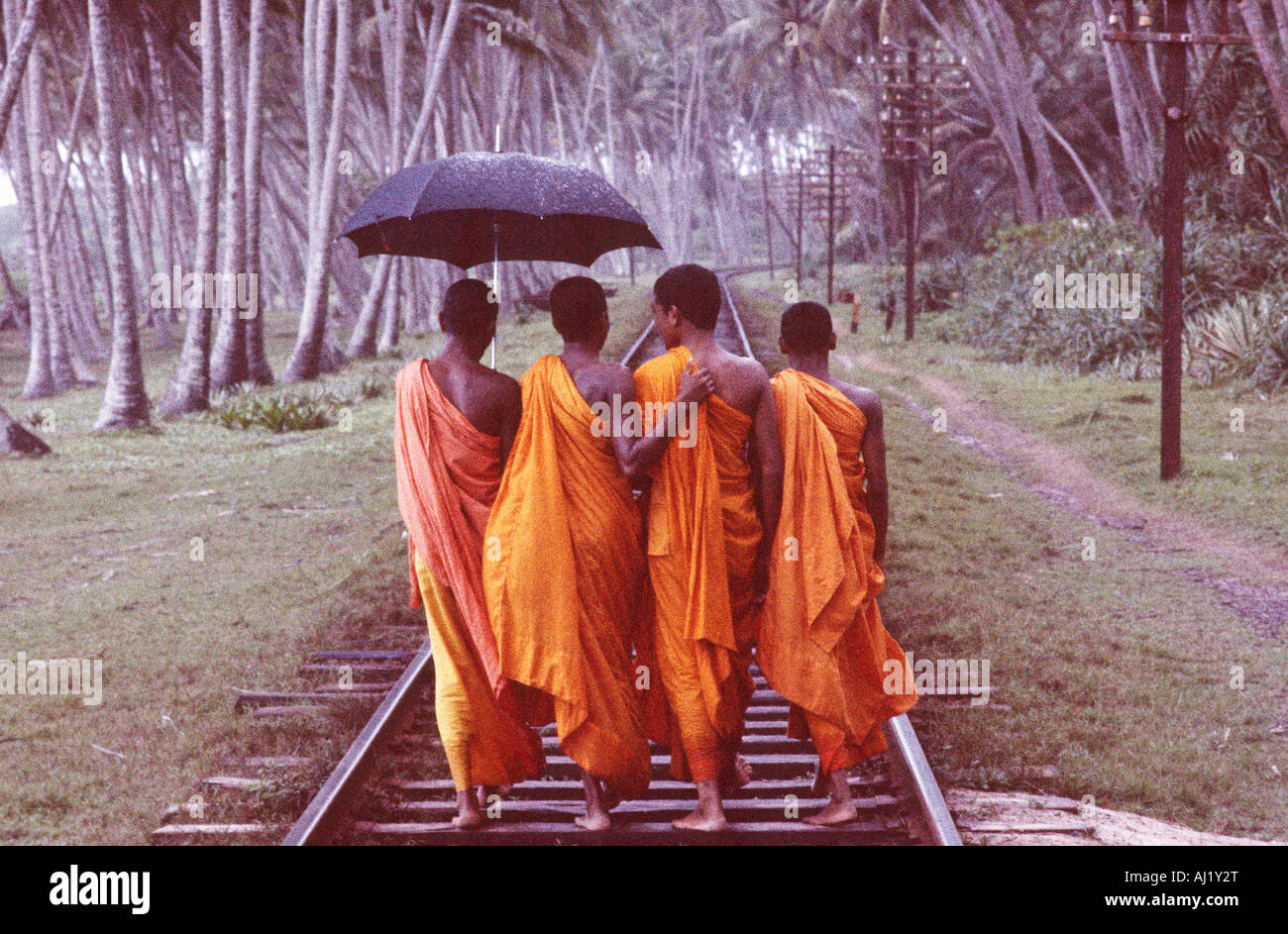 Buddhist monks walking along rail track Stock Photo - Alamy