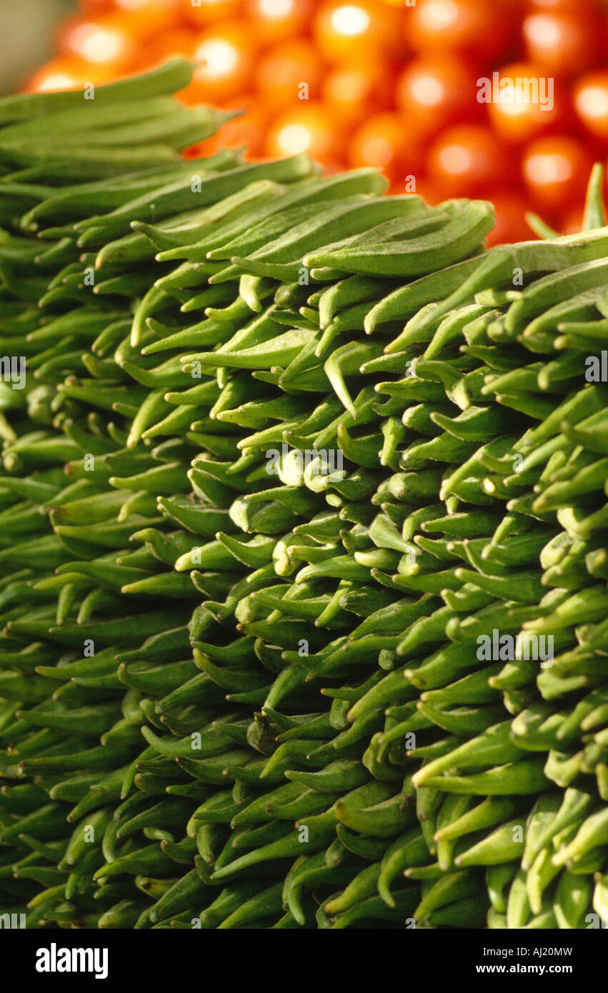 detail ladies fingers market India Stock Photo