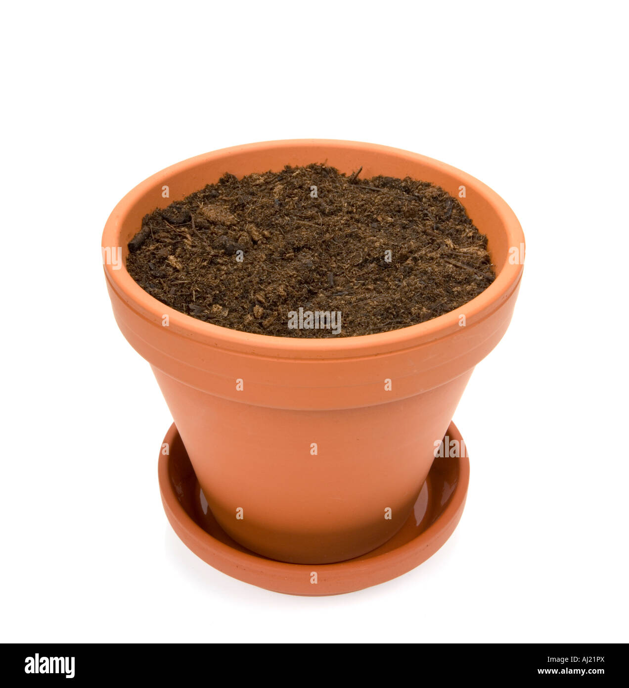 jar clay crock flowerpot flower pot with potting soil potting compost and saucer Stock Photo
