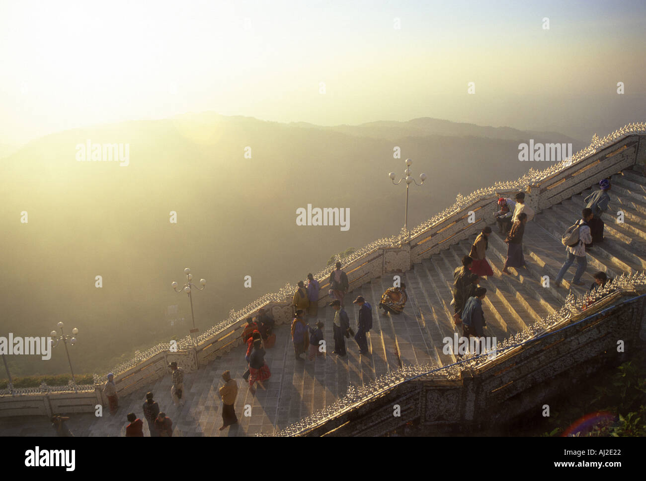 Stairway to the Buddhist pilgrimage site Golden Rock Kyaiktiyo Paya in Myanmar. Stock Photo