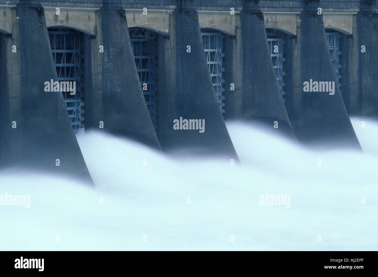 USA Washington Water pours through Chief Joseph Dam along Columbia River on spring morning Stock Photo