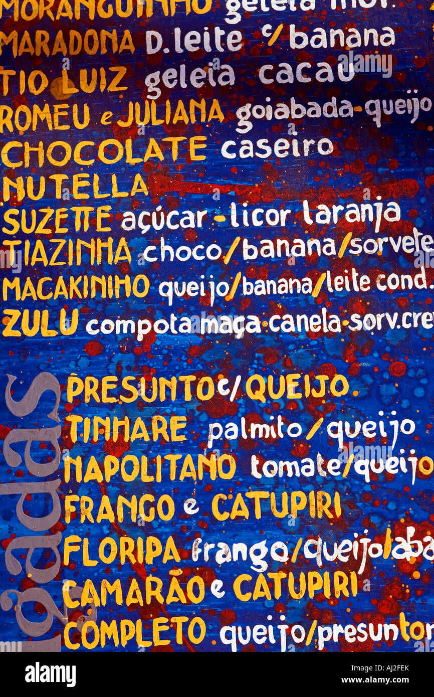 Cafe menu board on the island of Morro de Sao Paulo on the north east  Atlantic coastline of the Bahia Region of Brazil Stock Photo - Alamy