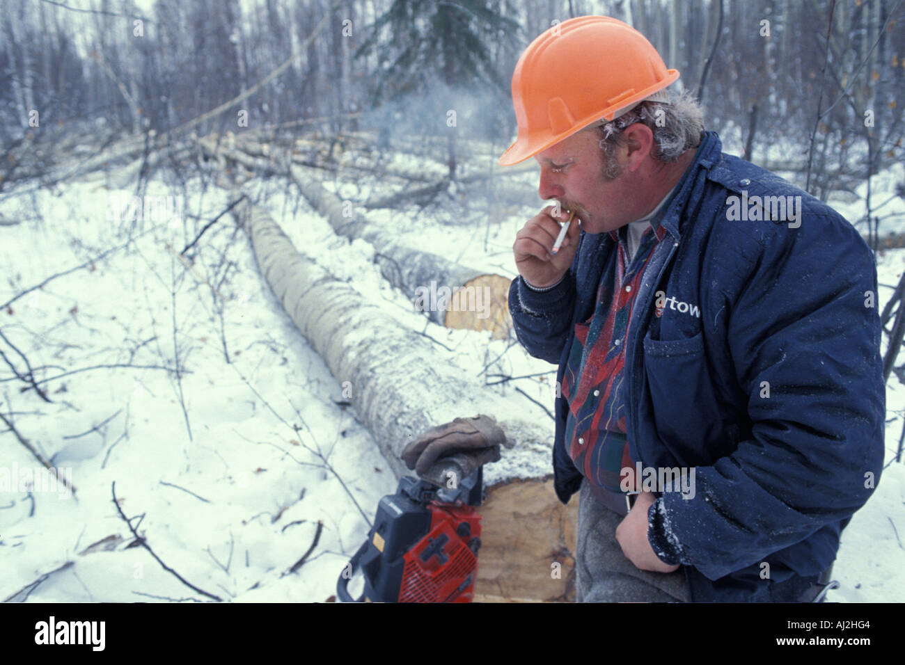 Canada British Columbia Fort Nelson Logger Dennis Bond smokes cigarette along Alaska Highway on winter morning Stock Photo