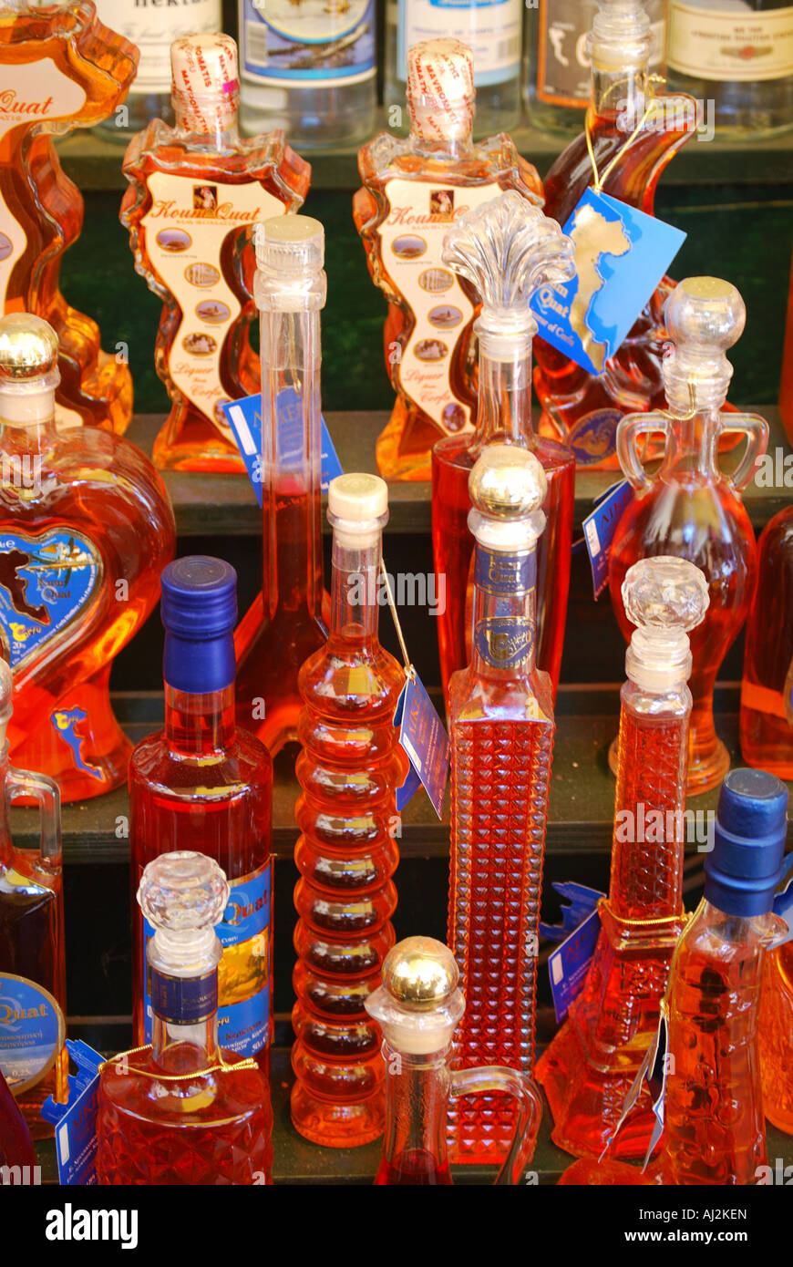Kumquat Liquer souvenir bottles, Corfu Old Town, Kerkyra, Corfu, Ionian Islands, Greece Stock Photo