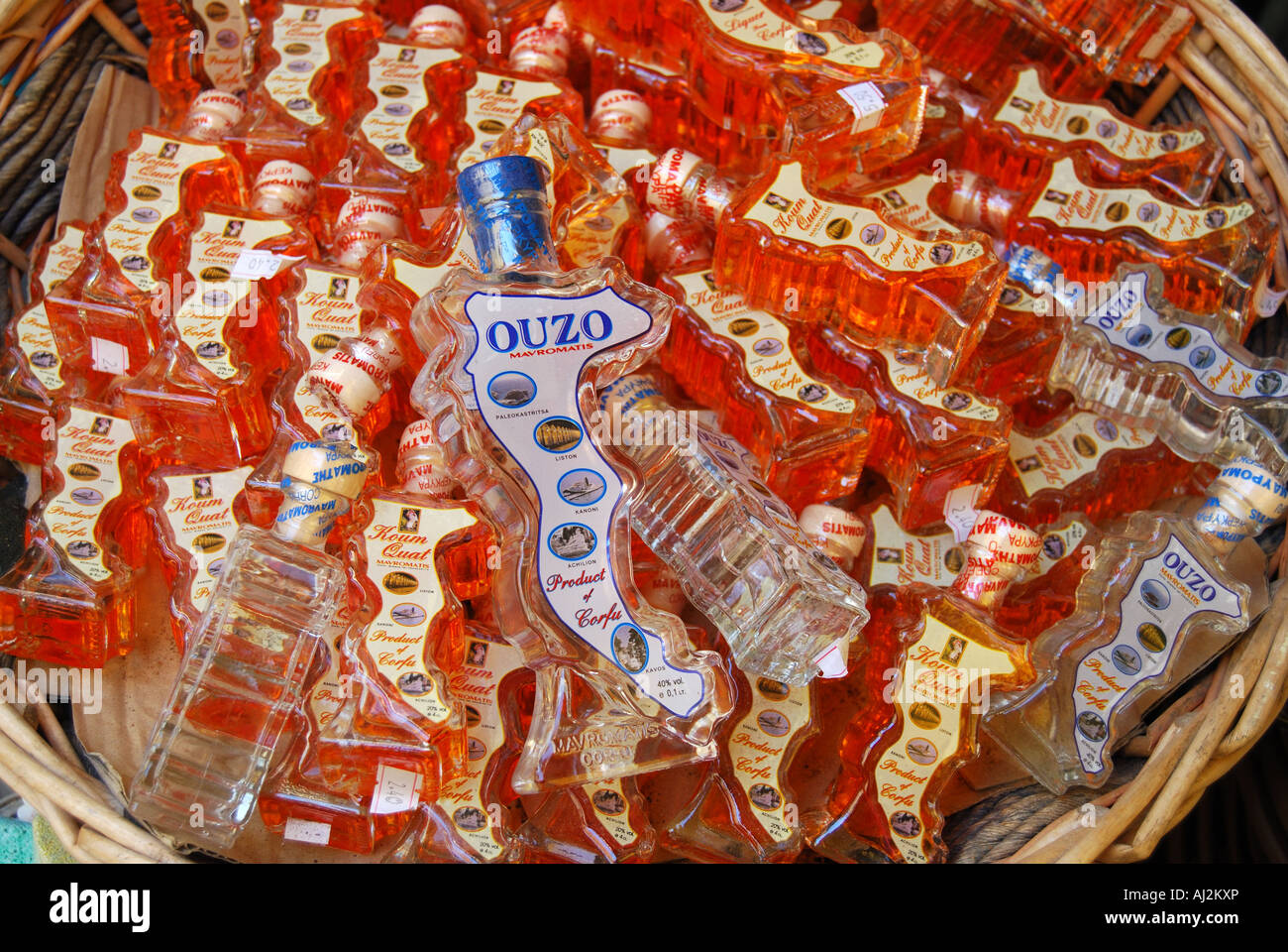 Kumquat Liquer and Ouzo souvenir bottles, Corfu Old Town, Kerkyra, Corfu, Ionian Islands, Greece Stock Photo