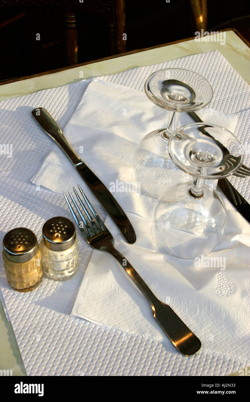 Paris France Al fresco brasserie restaurant Several couple of objects Stock Photo