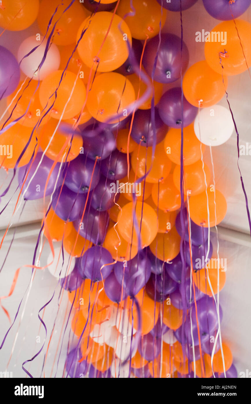 orange and purple balloons in the ceiling Stock Photo Alamy