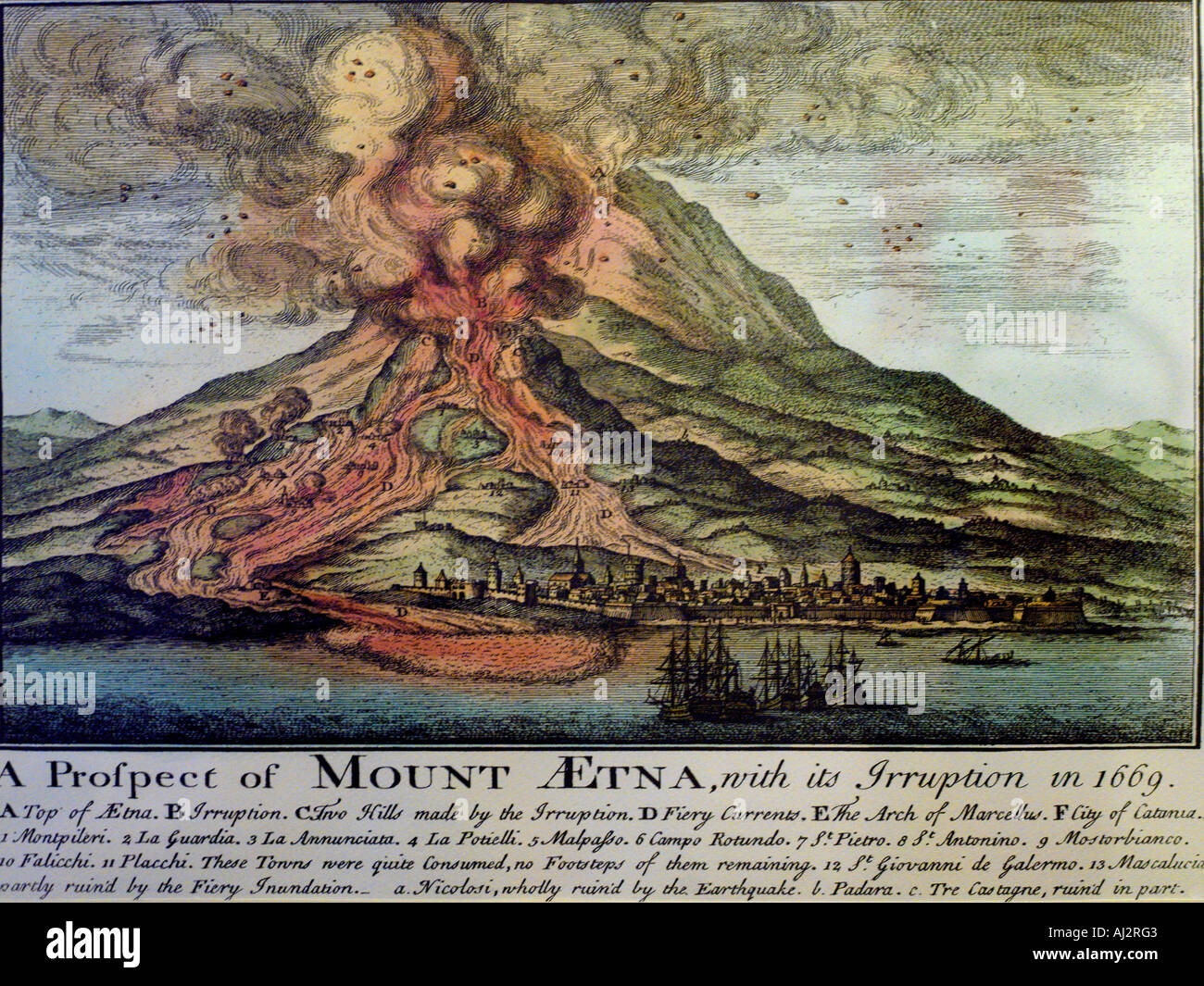 Sicily Italy Wood Cut of Mt Etna Erupting in 1669