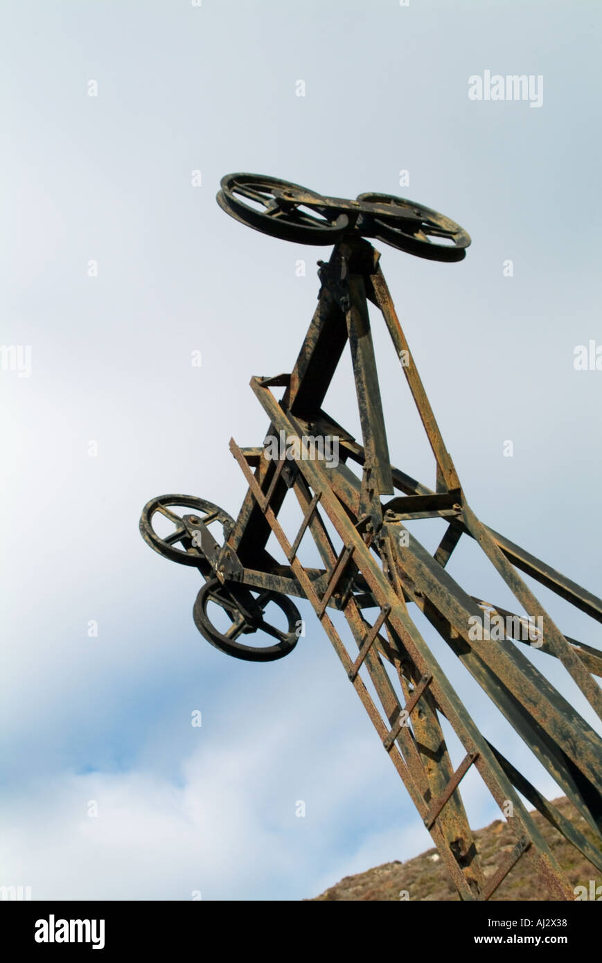 Pylon used for an aerial ropeway transport system in a disused copper mining industry Stock