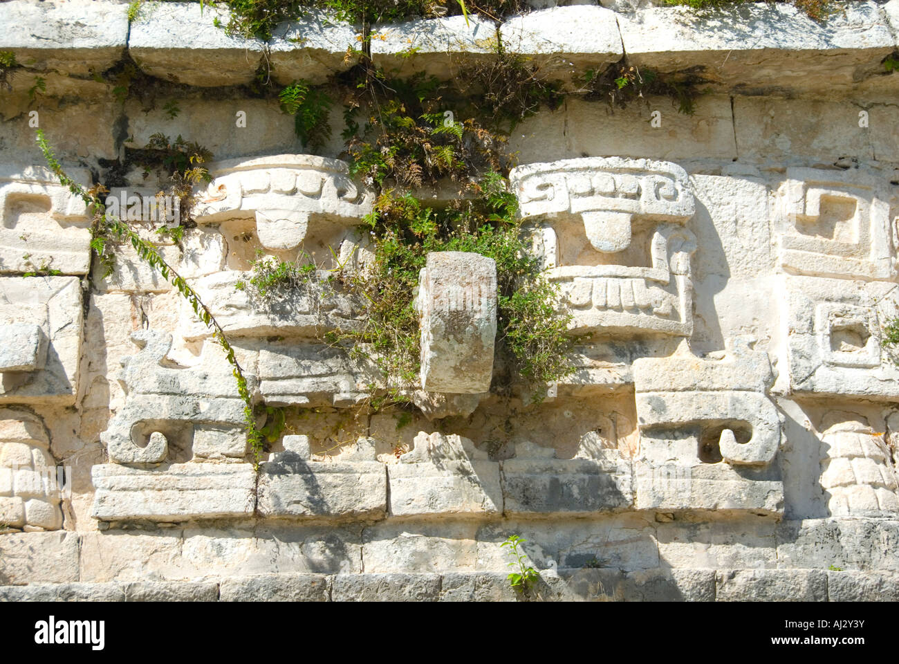 Decorative Carved Head of Chaac Rain God and Comic Big Nose The Nunnery Monjas Building Chichen Itza Yucatan Mexico 2007 NR Stock Photo
