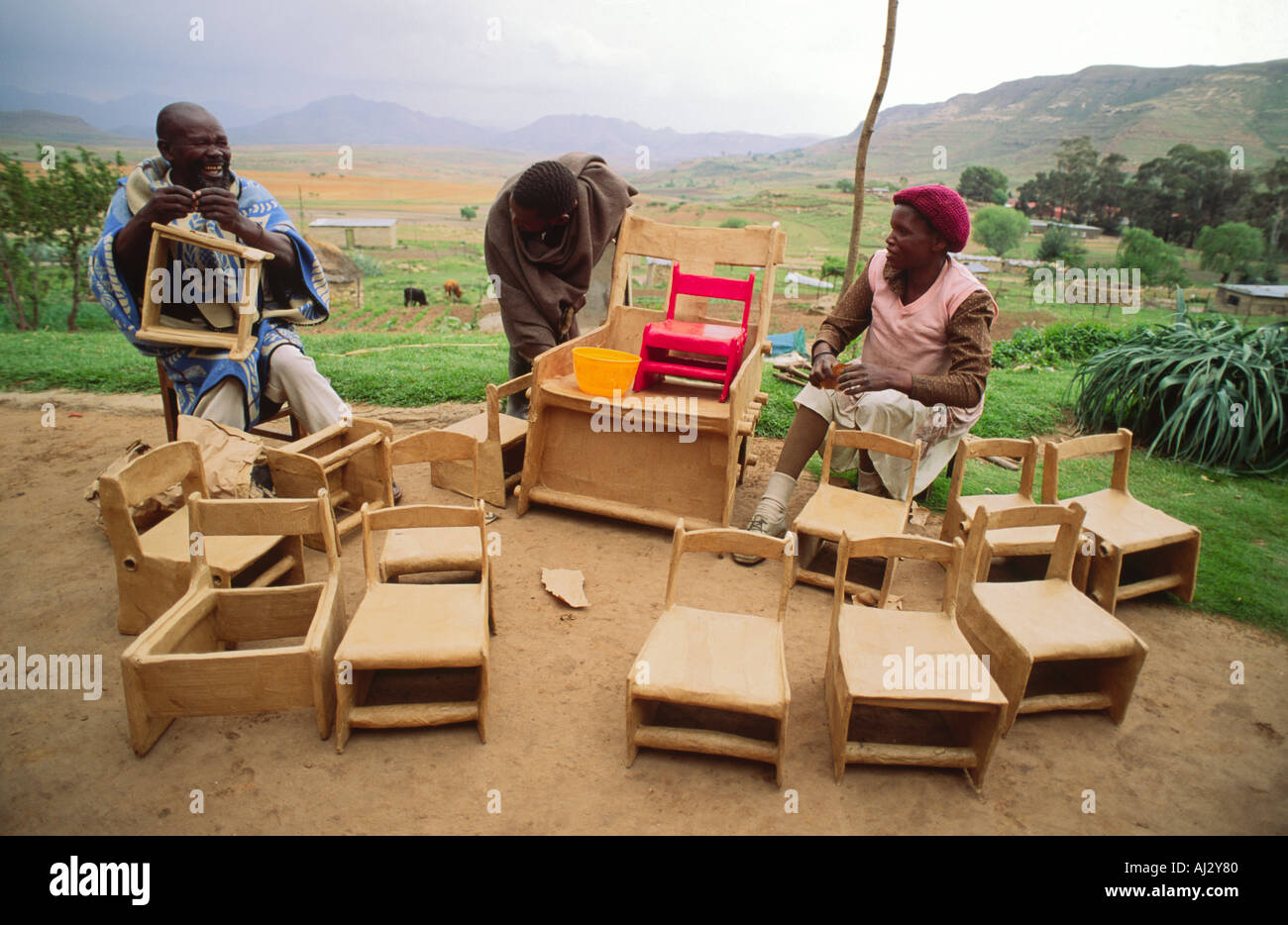 Disabled adults making furniture from recycled materials. Lesotho Stock Photo