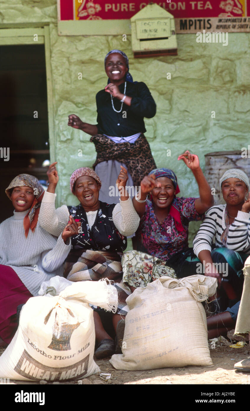 Women celebrating the gift of EU donated food aid to their community during a time of drought. Quachas Nek, Lesotho. Stock Photo