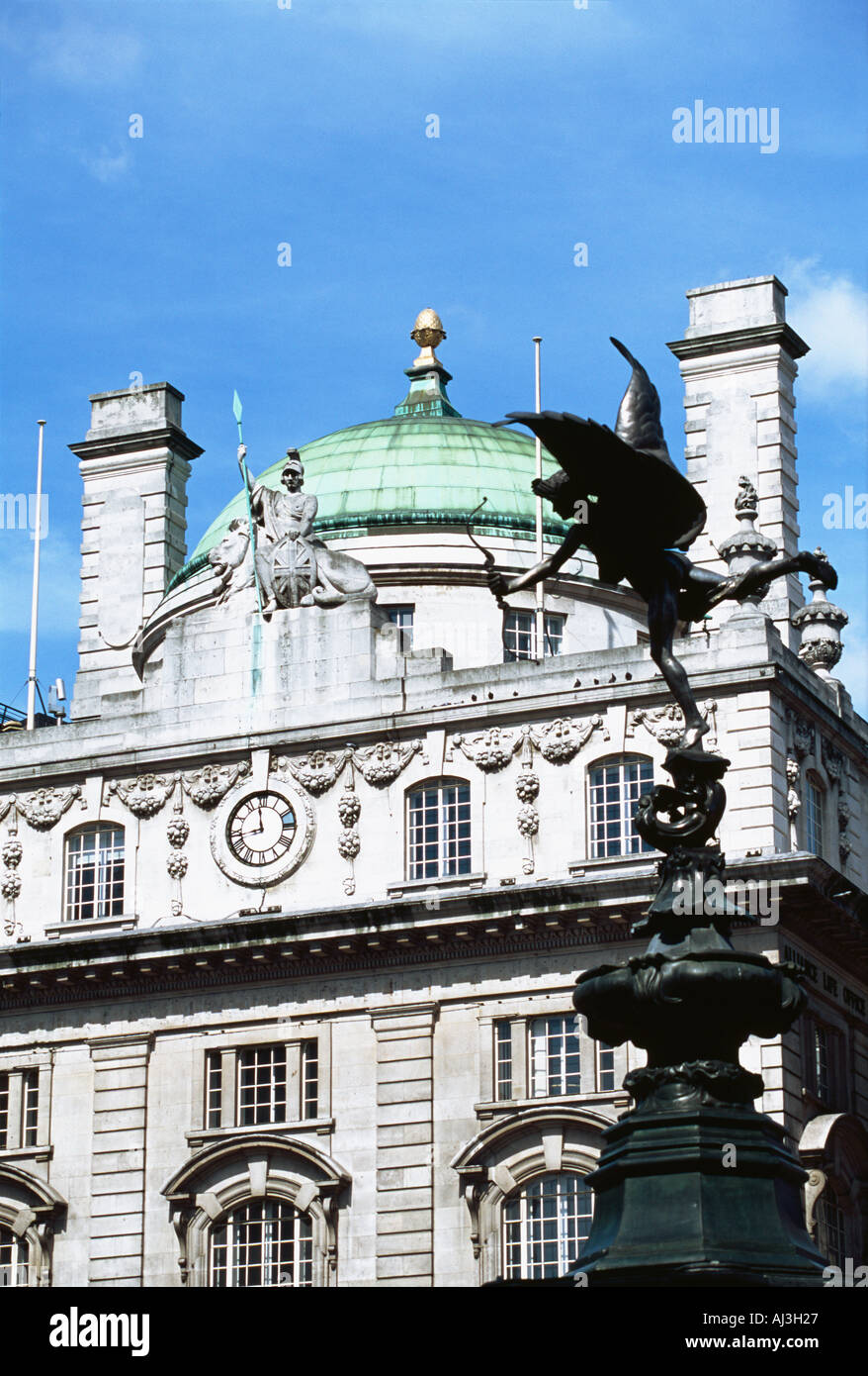 Architecture at Picadilly Circus London with Eros and Brittania in the background Stock Photo