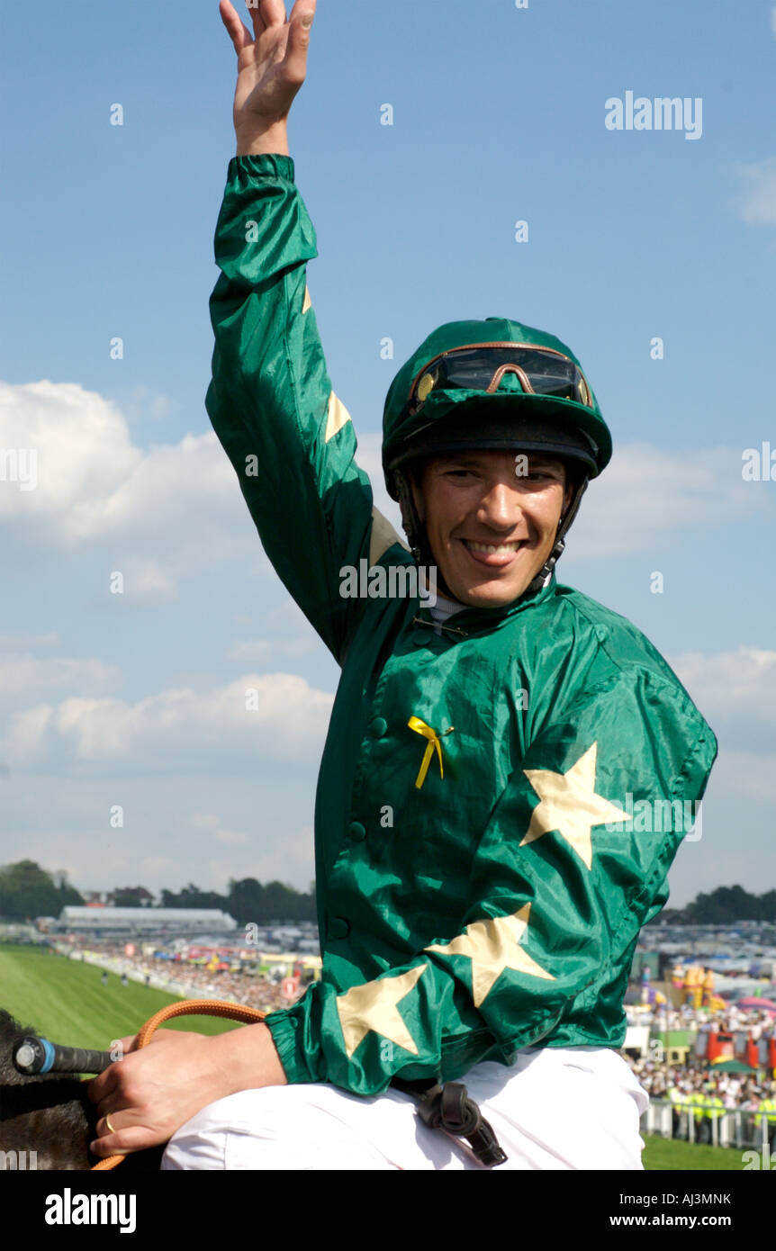 Frankie Dettori celebrates after winning the English Derby on Authorized, 2007 Stock Photo