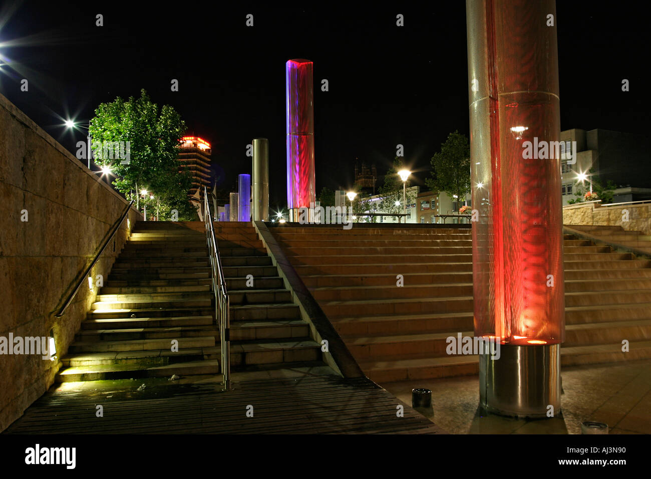 Fountains and stairs St Augustines Parade in Bristol City centre at night Stock Photo