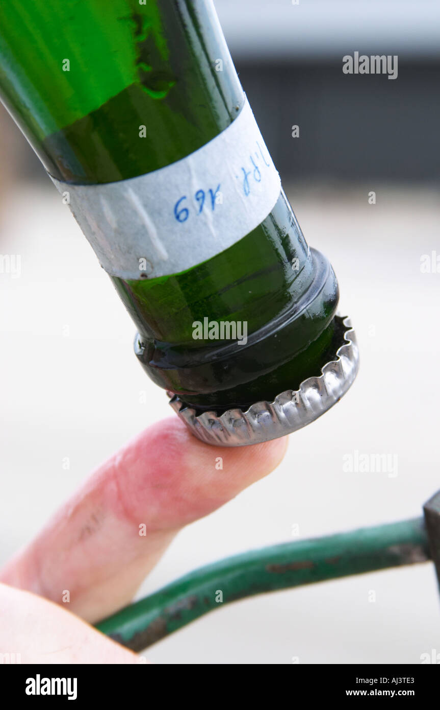 Herve Jestin, oenologist and chief winemaker holding a bottle that has gone through remuage (riddling) but where the neck has not yet been frozen for disgorgement. As you can see if you look closely there is not much yeast in the neck of the bottle - only a very small layer. Champagne Duval Leroy, Vertus, Cotes des Blancs, Champagne, Marne, Ardennes, France Stock Photo