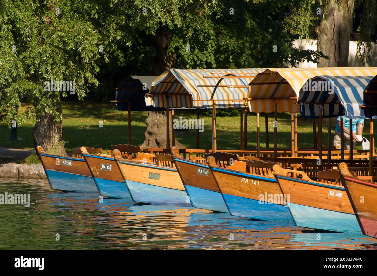A line of pletnas, stretch gondolas used to ferry tourists on Lake Bled