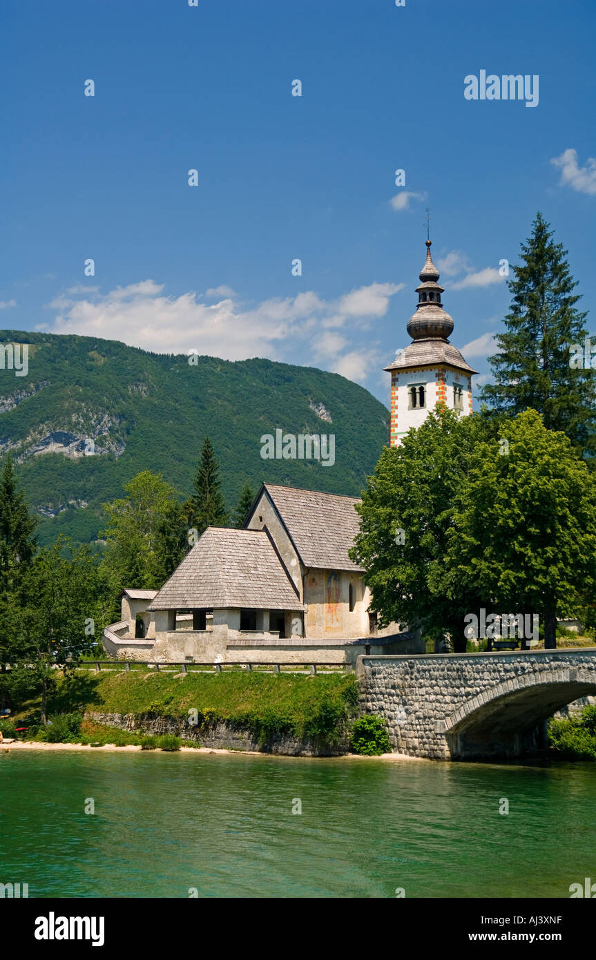 Built in 1738, the church of St John the Baptist at Ribcev Laz on Lake ...
