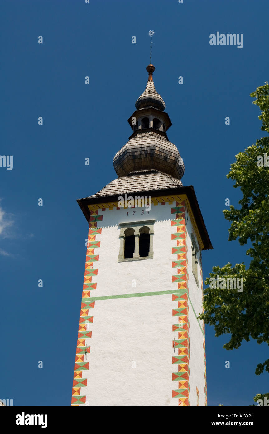 Built in 1738, the church of St John the Baptist at Ribcev Laz on Lake ...