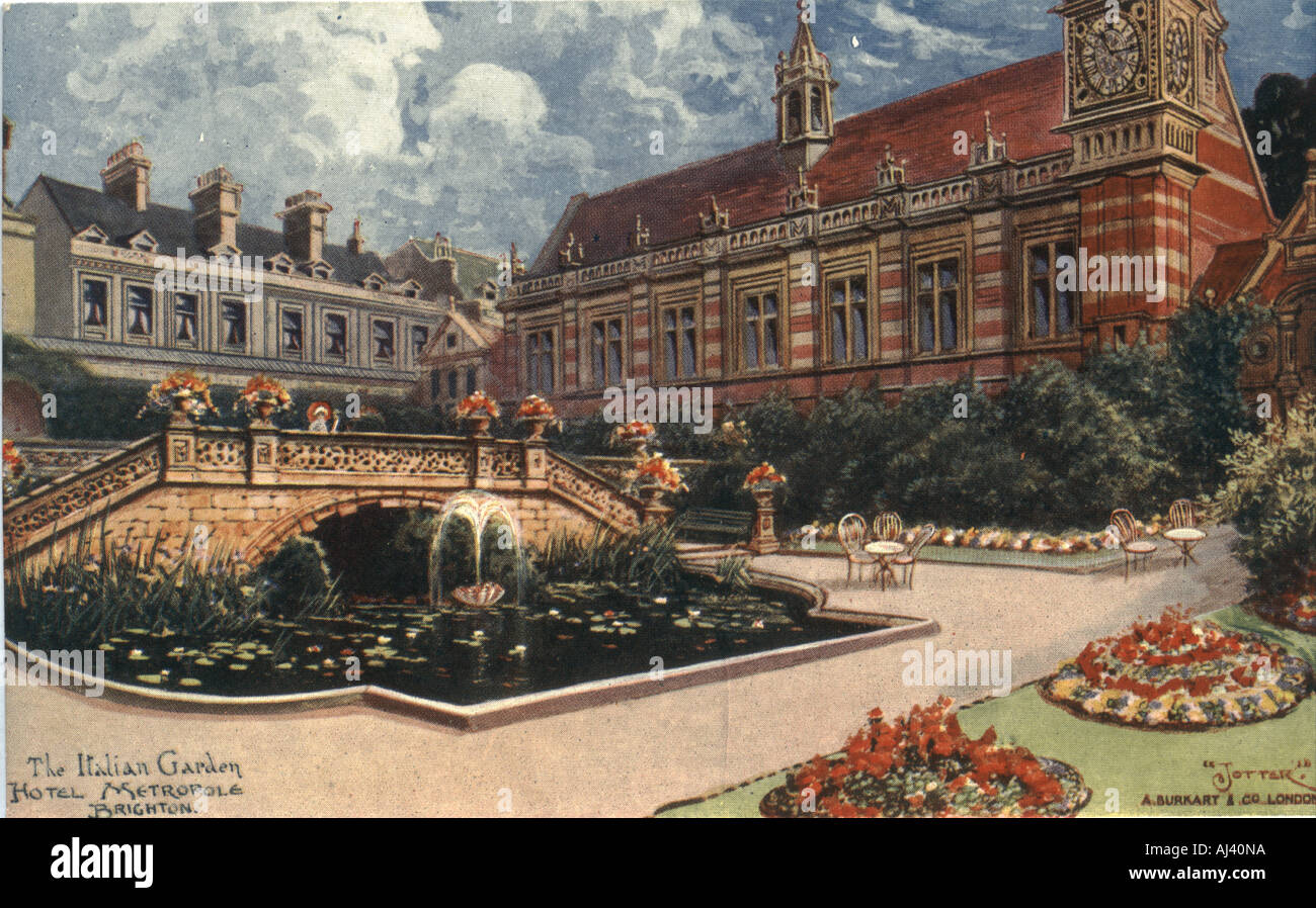 Advertising postcard of Italian Garden, Hotel Metropole, Brighton [Sussex] by artist 'Jotter' circa 1906 Stock Photo