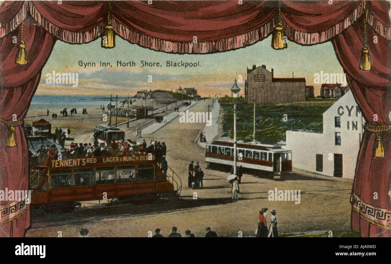 Coloured postcard photograph of trams at Gynn Inn, North shore, Blackpool, circa 1906 Stock Photo