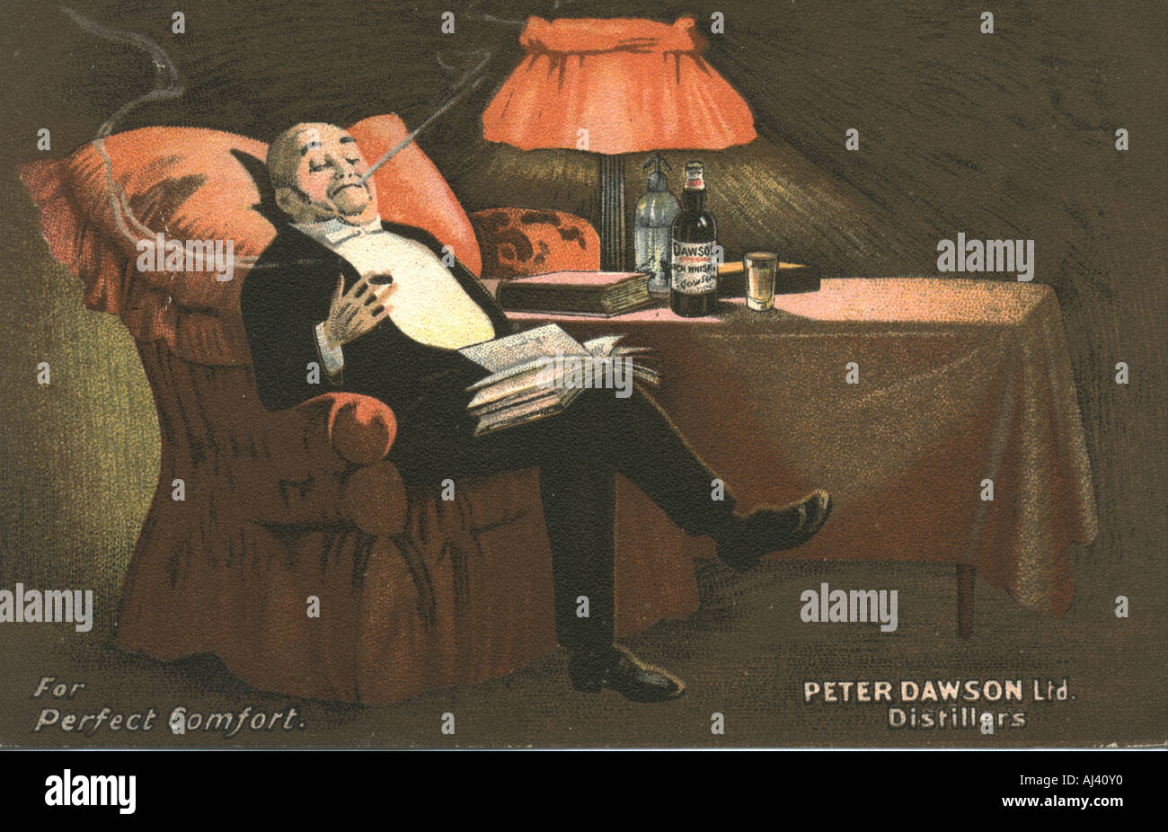 Chromolithographed advertising postcard for Peter Dawson Ltd., Distillers titled For Perfect Comfort  circa 1905 Stock Photo