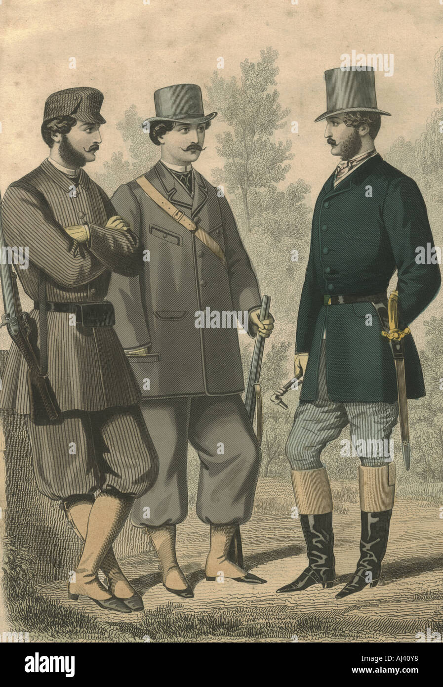 French handcoloured fashion plate showing shooting costume 1860 Stock Photo