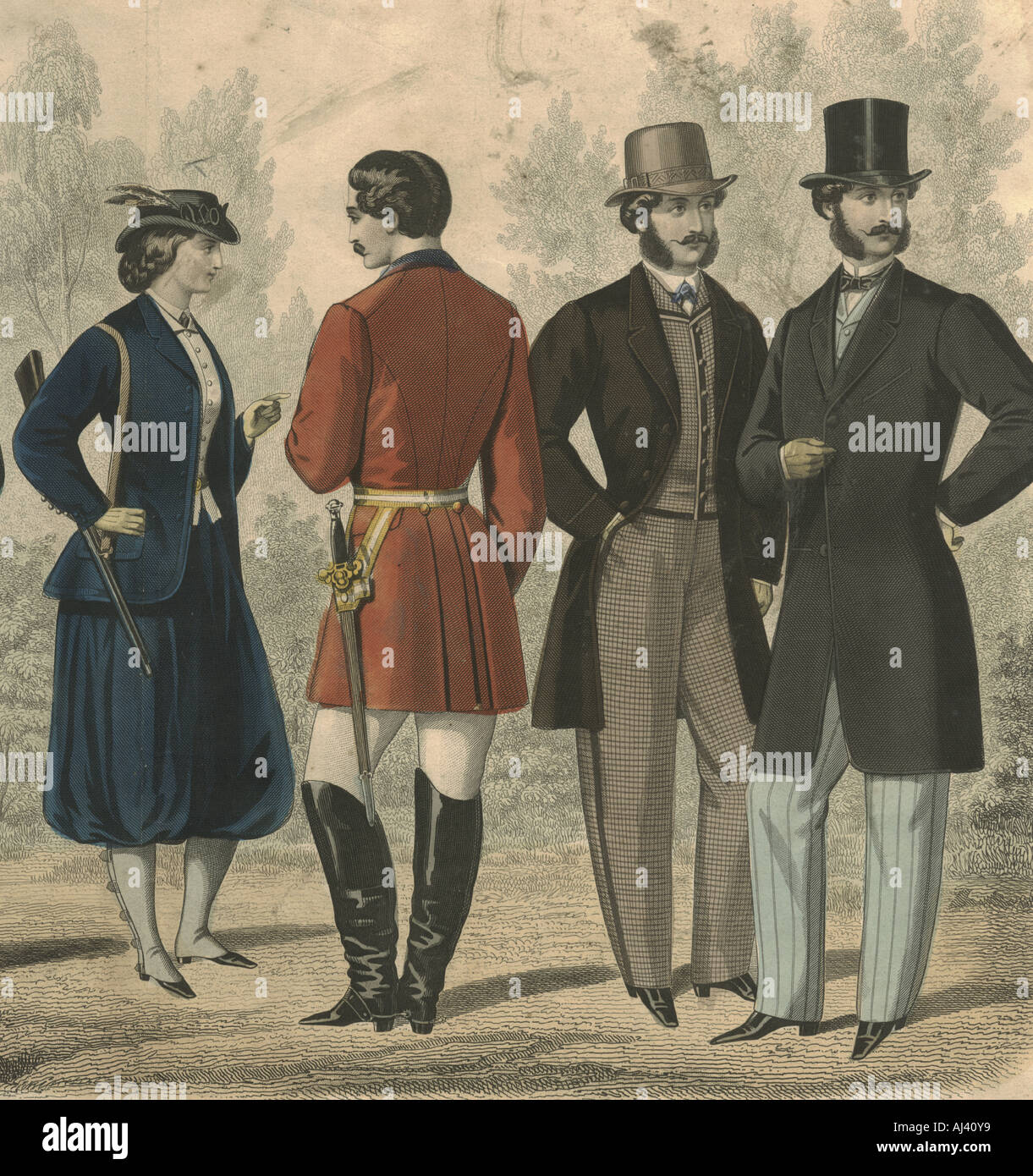 French handcoloured fashion plate showing shooting costume 1860 Stock Photo