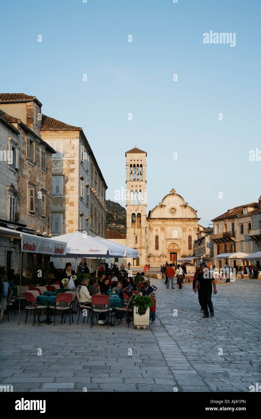 Cafes and Restaurants on Town Square, Hvar, Croatia Stock Photo