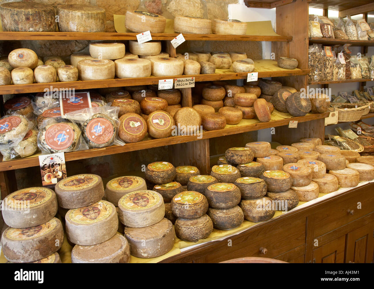 Tuscan Cheese in shop Pienza Siena District Tuscany Italy Stock Photo