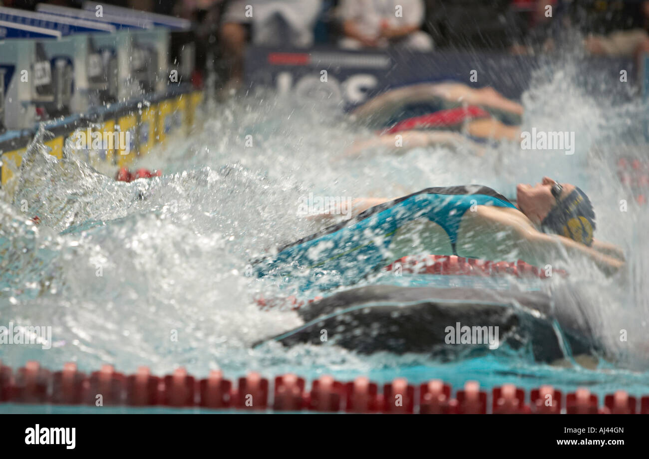 The start of a women's backstroke heat at the ASA National Championships 2007 Stock Photo