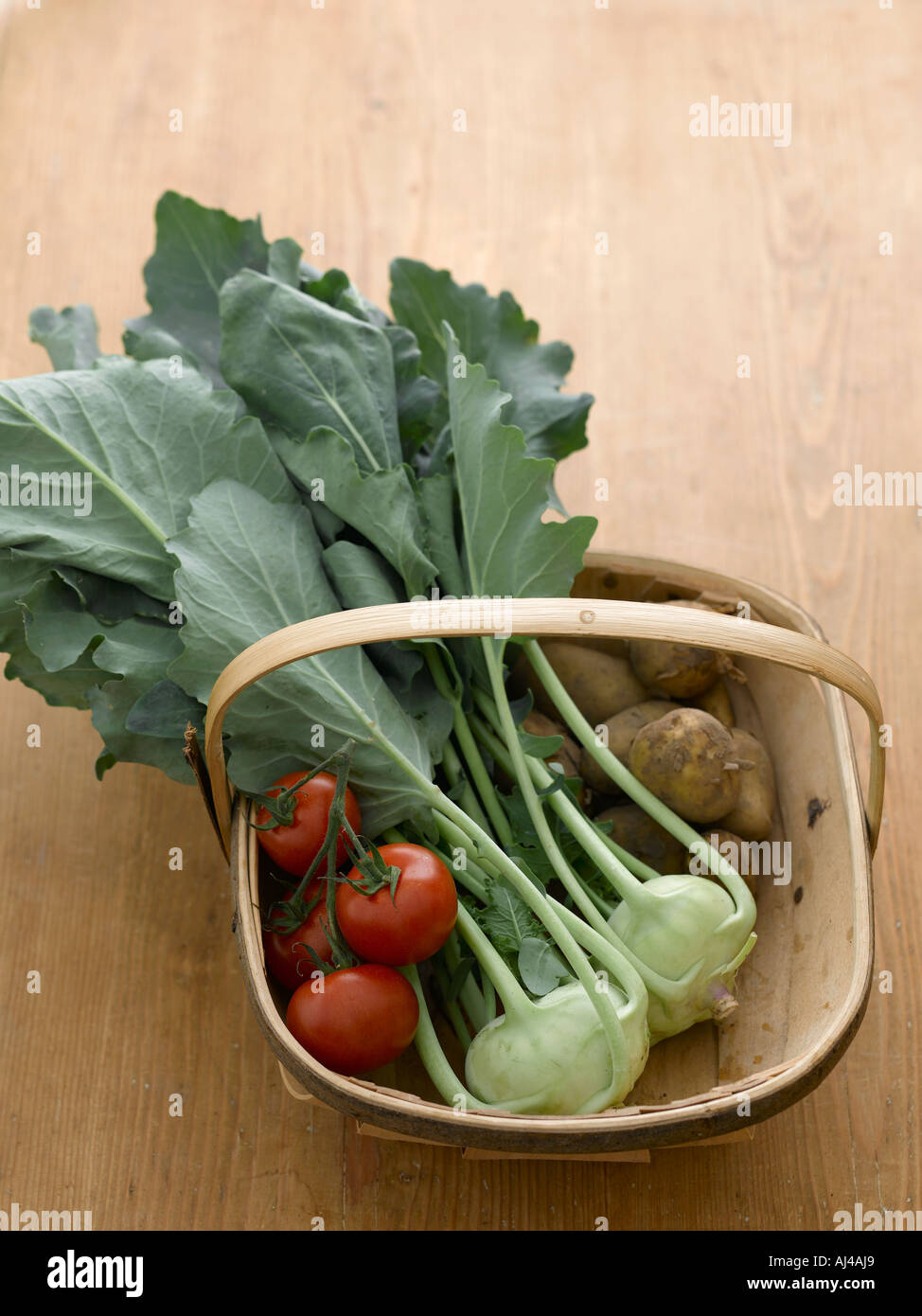 Vine tomatoes potatoes and kohl rabi in trug - high end Hasselblad 61mb digital image Stock Photo