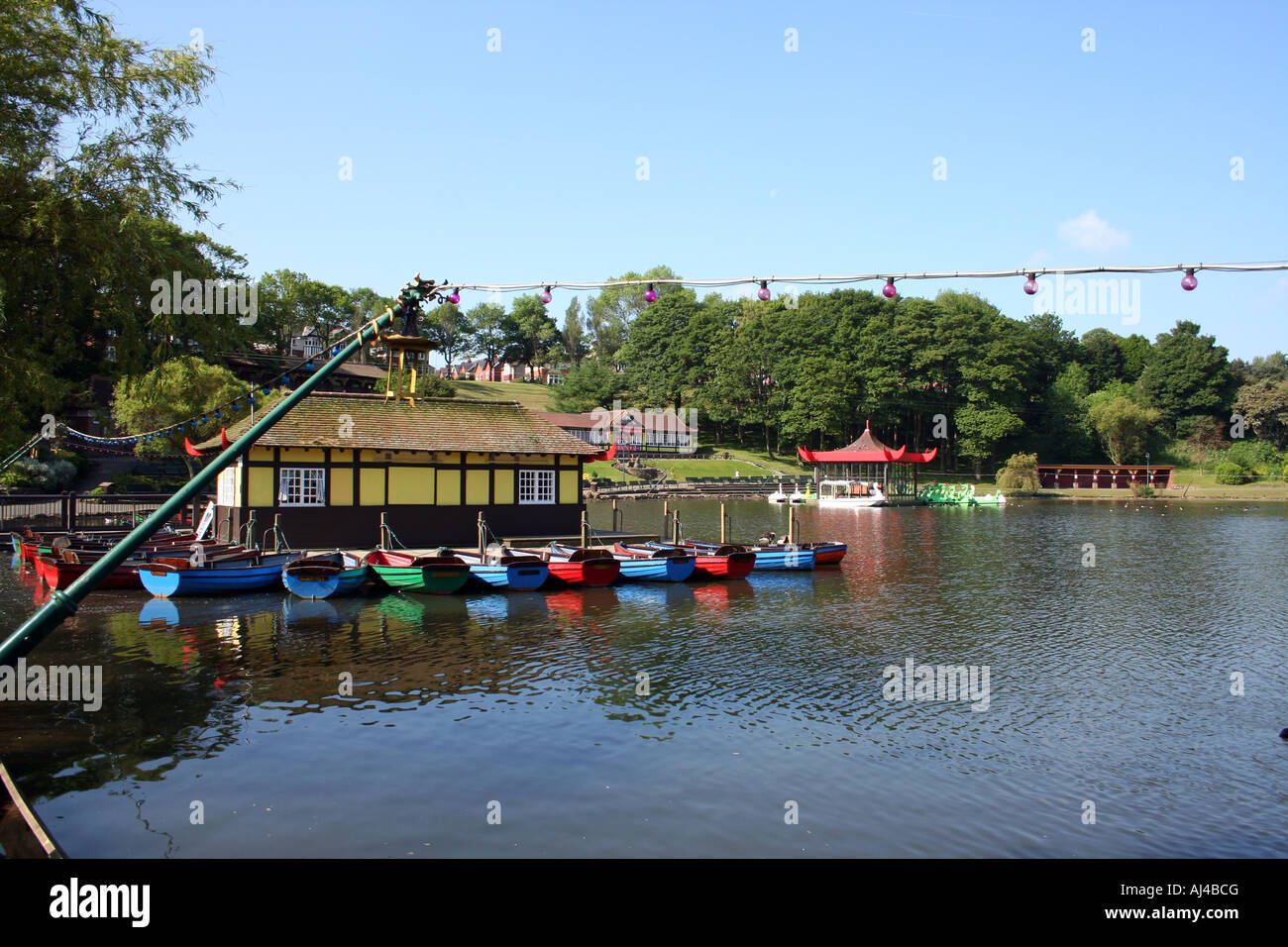 Peasholm park boating lake on the north side pictured in the resort of Scarborough in North Yorkshire in England. Stock Photo